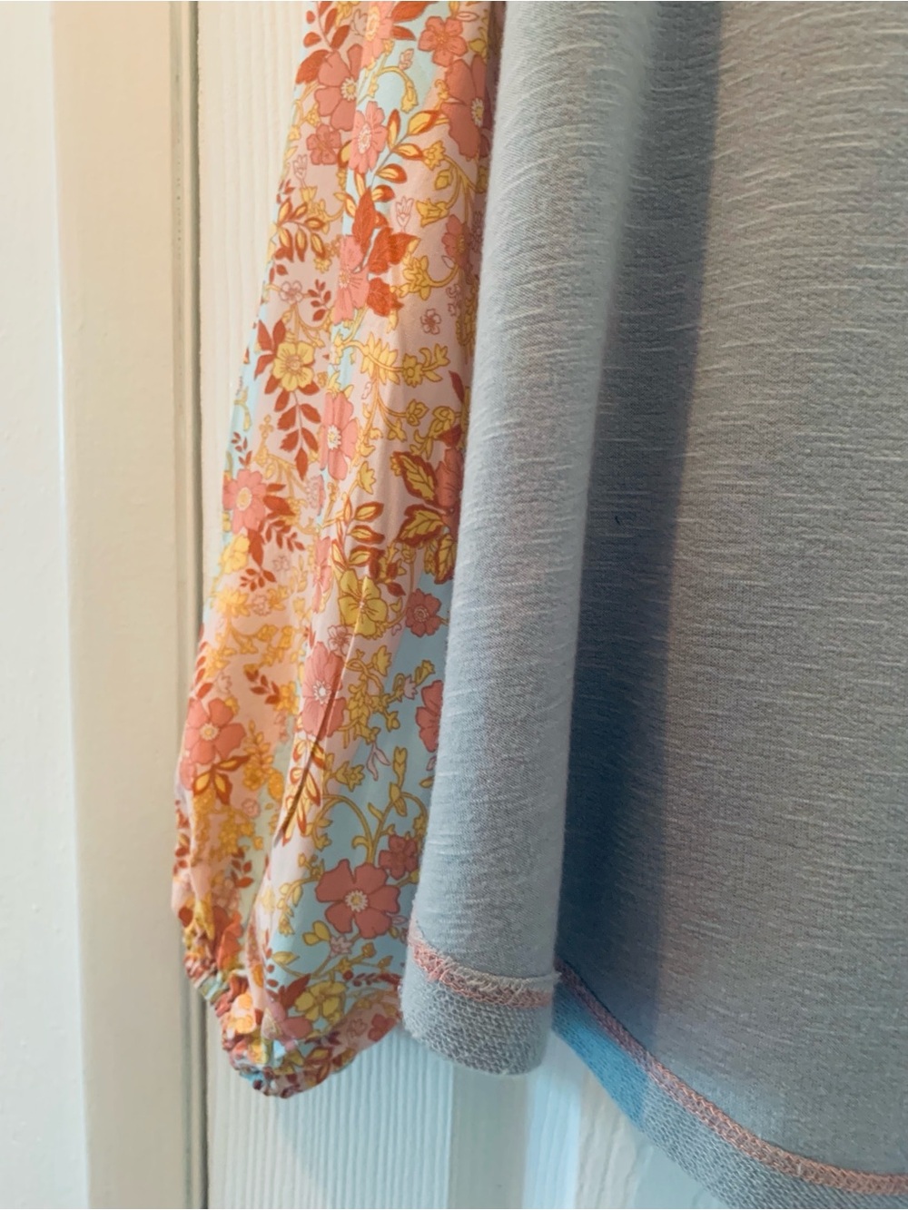 Oversized Light Blue Top with Floral Sleeves • Size Small - Picture 8 of 12